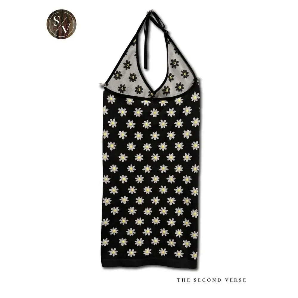Halter Mini Dress Daisy Flower Y2K Retro Seamless Bodycon Size XS